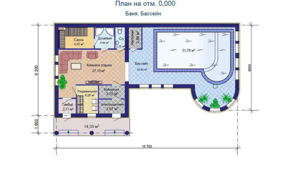 Проект сауны с бассейном и комнатой отдыха